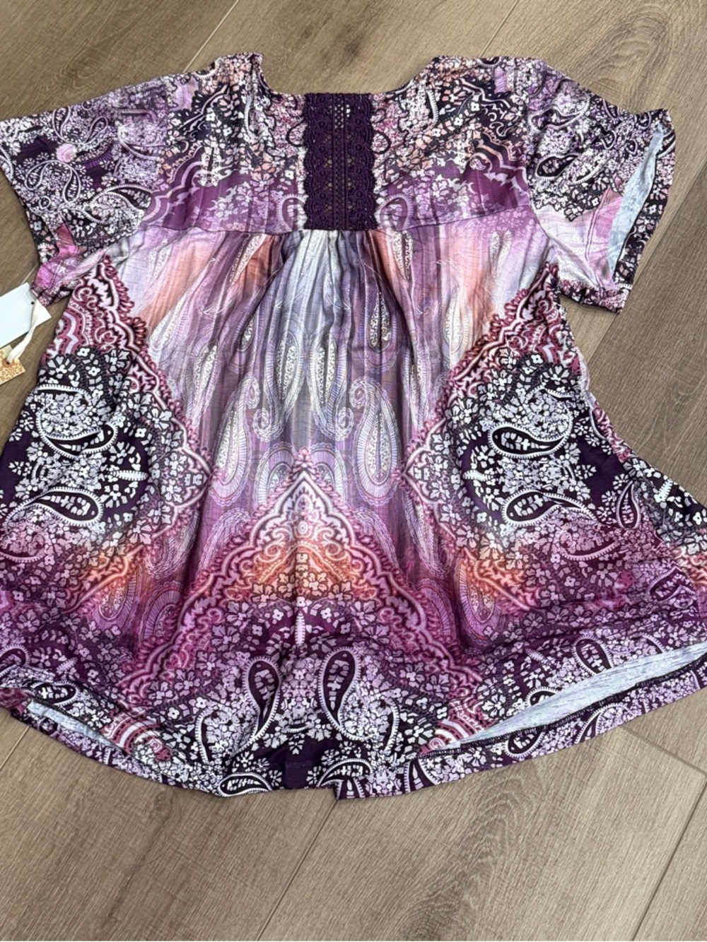 Unity World Fairy Tunic Top Womens L Purple Paisley Pleated Babydoll Hankerchief - Picture 3 of 9